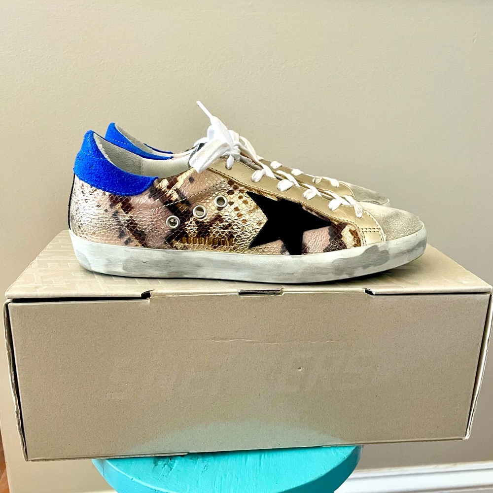 Golden Goose Superstar Sneakers Metallic Python Black Star Blue Heel Tab Size 39
